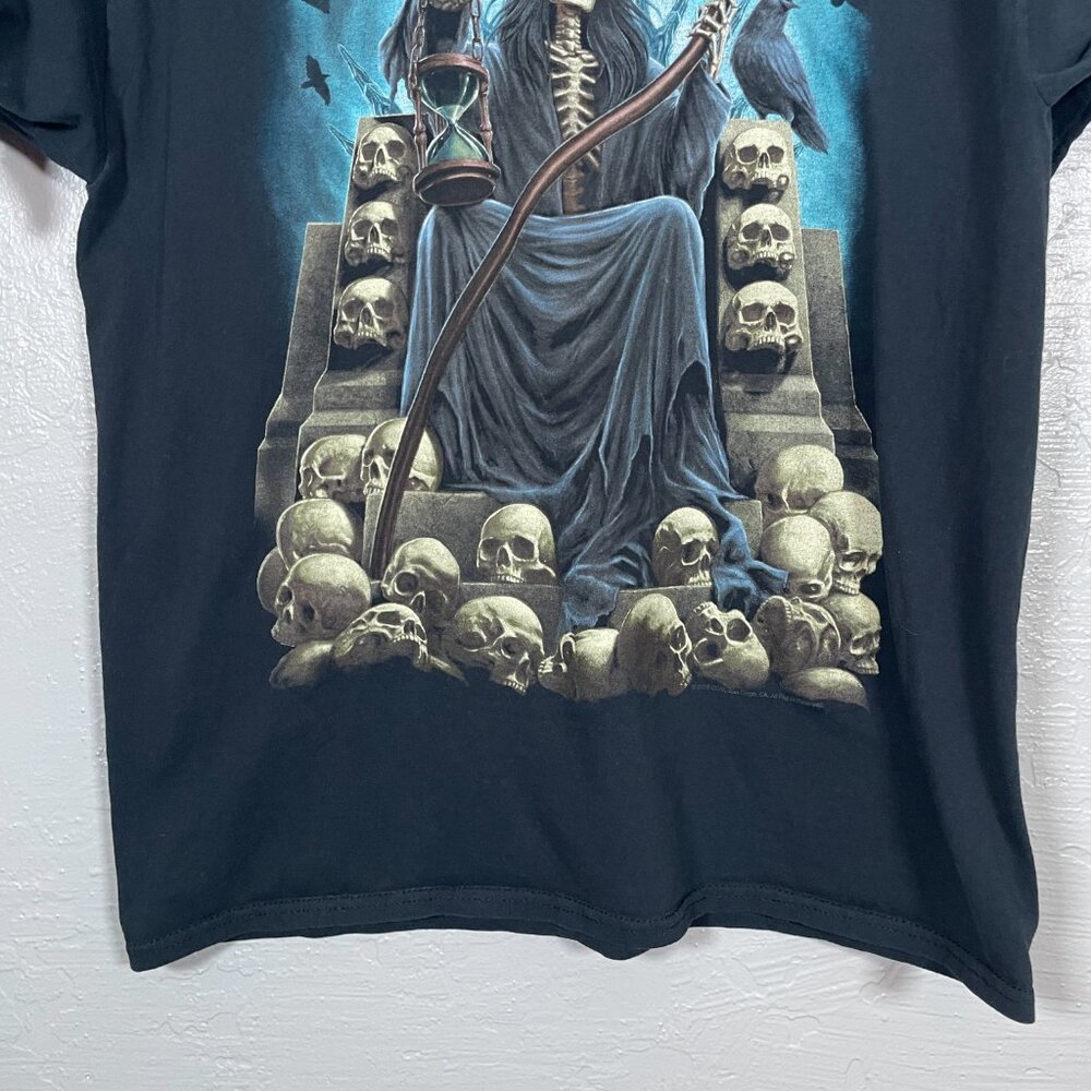 ODM Men L Black Grim Reaper Skull Throne Graphic T-Shirt Cotton Grunge Goth - Picture 2 of 6